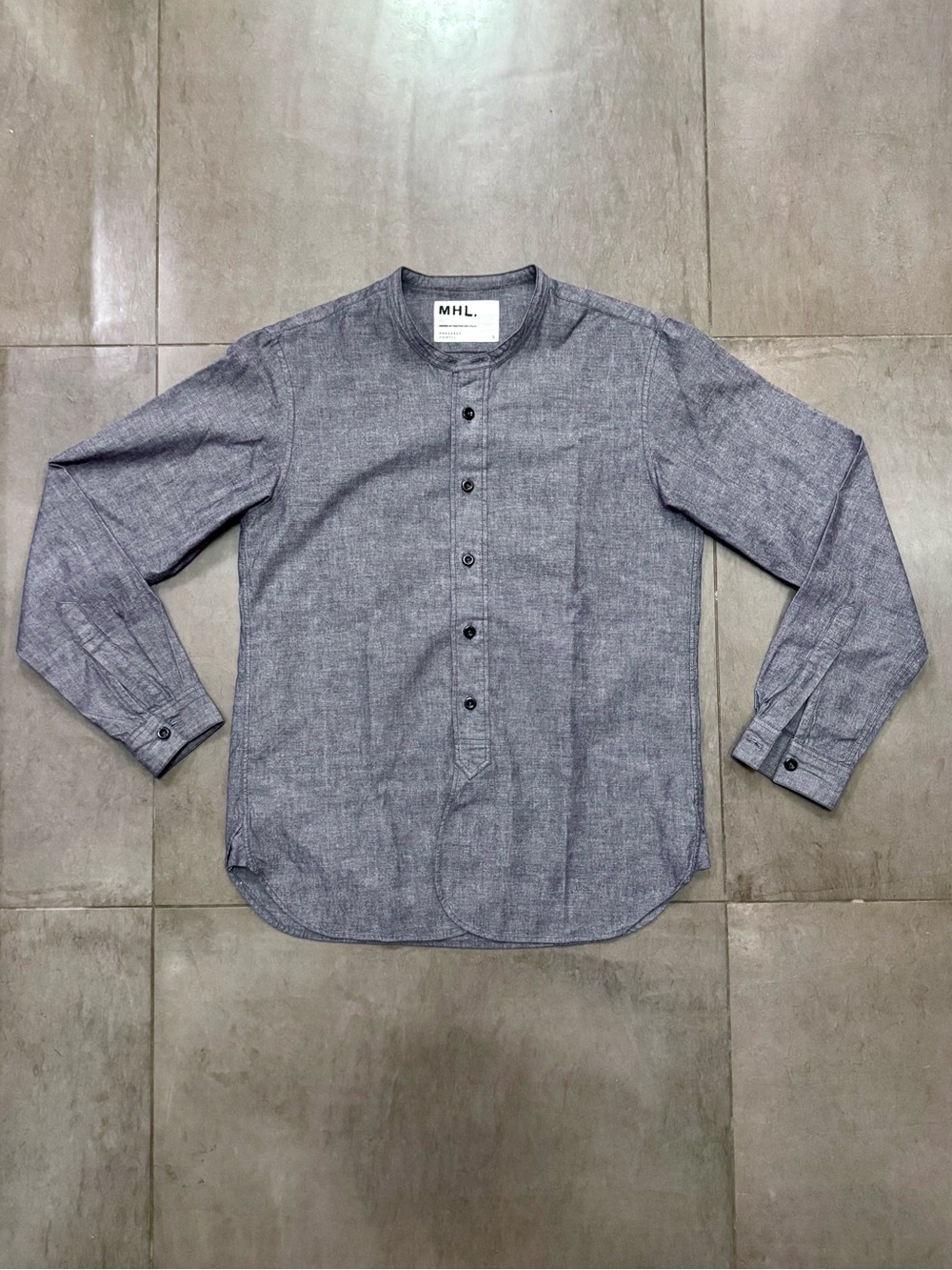 Margaret Howell MHL Band Collar Gray Chambray Shirt, Men’s Small, Made in Japan
